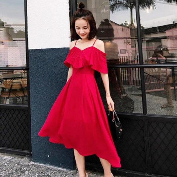 [해외]Dch 2018 여름 새 여자 서리가 바람 단어 드레스 원피스 부드러운 이슬 빨간 쉬폰 하네스 드레스 원피스