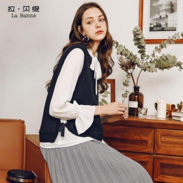 [해외]Dch 2018 봄 여성의 스웨터 니트 니트 조끼 세련된 복장 복고풍 바닥 시폰 쉬폰셔츠 남방 달콤한 두 조각