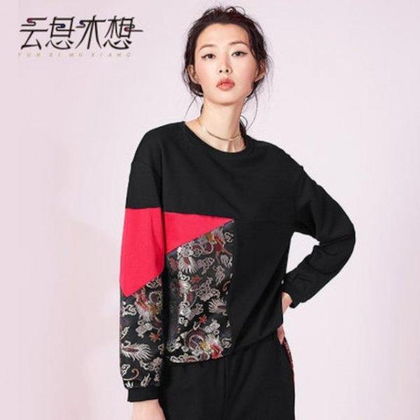 [해외]Dch 2018 패션 여성 의류 중국 스타일의 브로케이드 바느질 셔츠 남방 라운드 목에 긴 소매 풀오버 여성 스웨터 니트