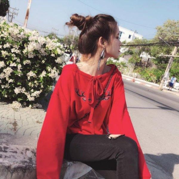 [해외]Dch 2018 미스터리 쇼 레드 스웨터 니트 여성 봄 신입생 학생 후드 문양 쇼트 샘 자켓 바람막이