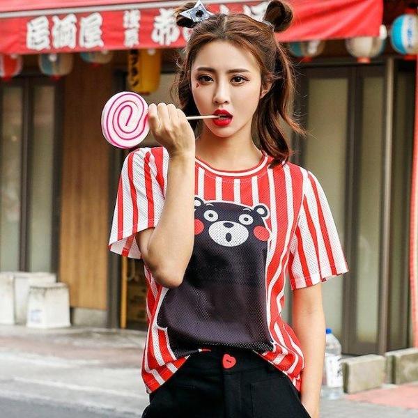 [해외]Dch 2018 여성 줄무늬 캐릭터 반팔티 티셔츠 티 셔츠