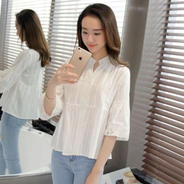 [해외]Dch 2018 여성 얇은 쉬폰 짧은 블라우스 니트 티 티셔츠 셔츠