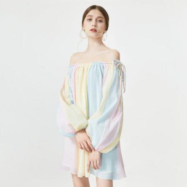 [해외]Dch 2018 설탕 봄 유럽과 미국 여자 색상 매칭 달콤한 랜턴 휴가 바람 줄무늬 단어 어깨 드레스 원피스